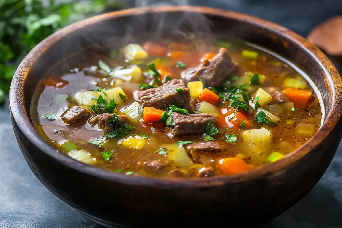 Steaming bowl of leek and beef soup with leeks, beef chunks, and vegetables, garnished with fresh herbs.