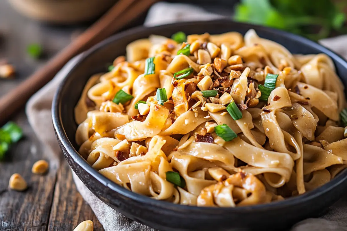 Bowl of noodles almondine topped with toasted almonds and chopped green onions on a rustic wooden table.