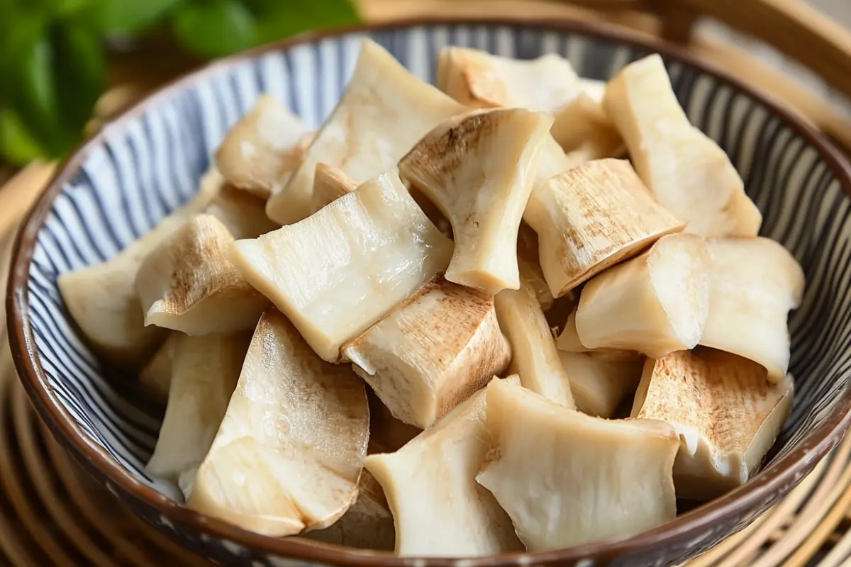 Fermented mesu bamboo shoots in a blue and white striped bowl, highlighting their light brown and beige colors.