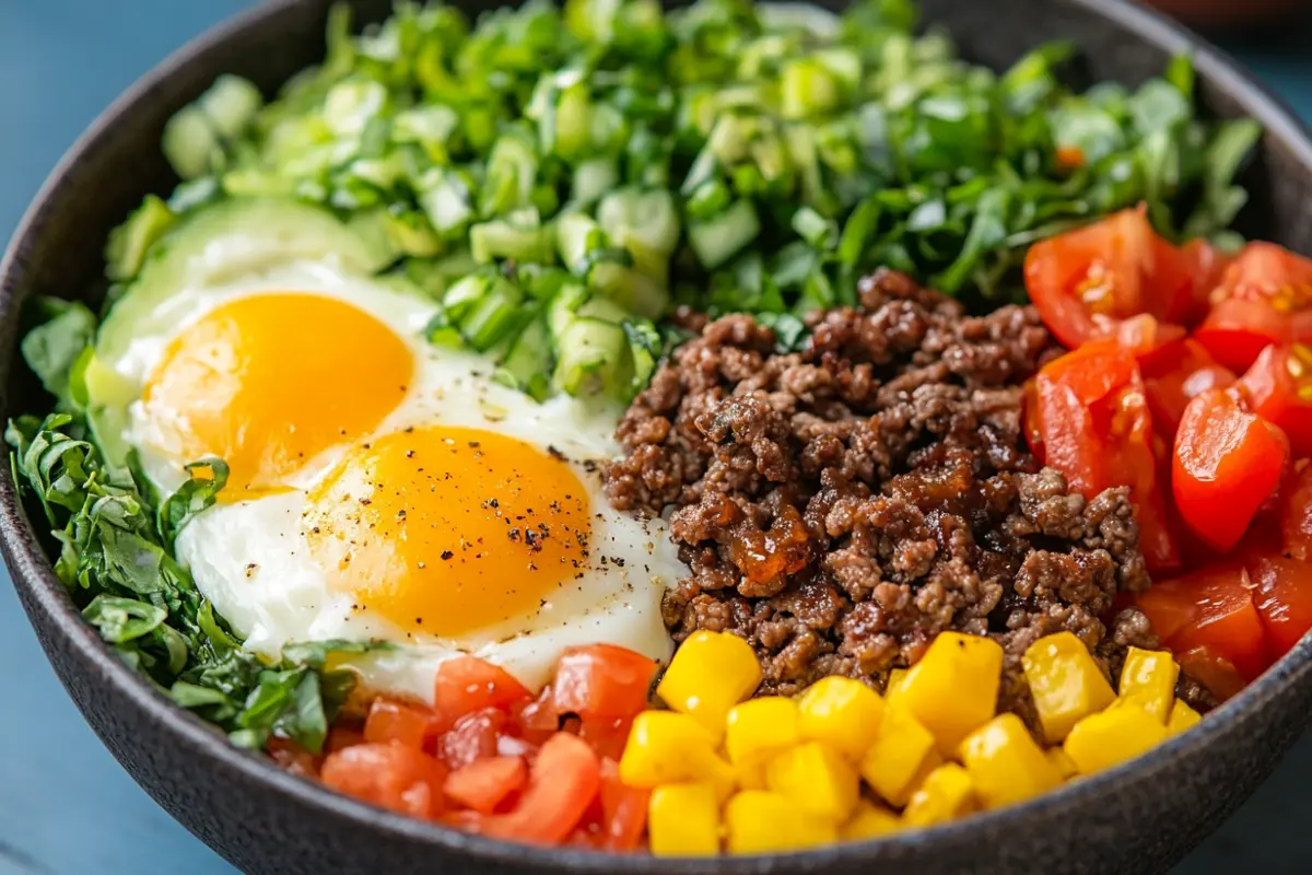 Burger bowl with sunny-side-up eggs, ground beef, diced tomatoes, cucumbers, greens, and corn in a dark bowl.