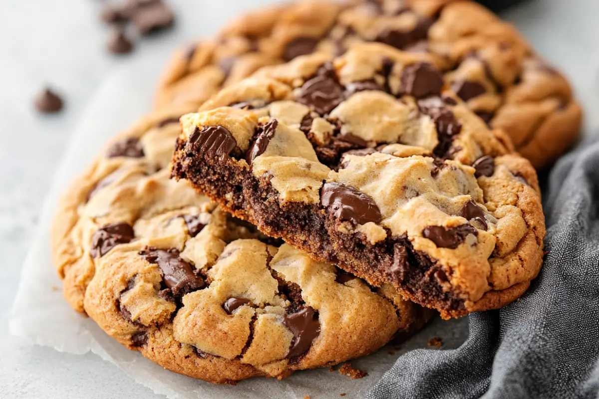 Close-up of a crookie, a hybrid of cookies and brownies, with chocolate chunks and a chewy texture.