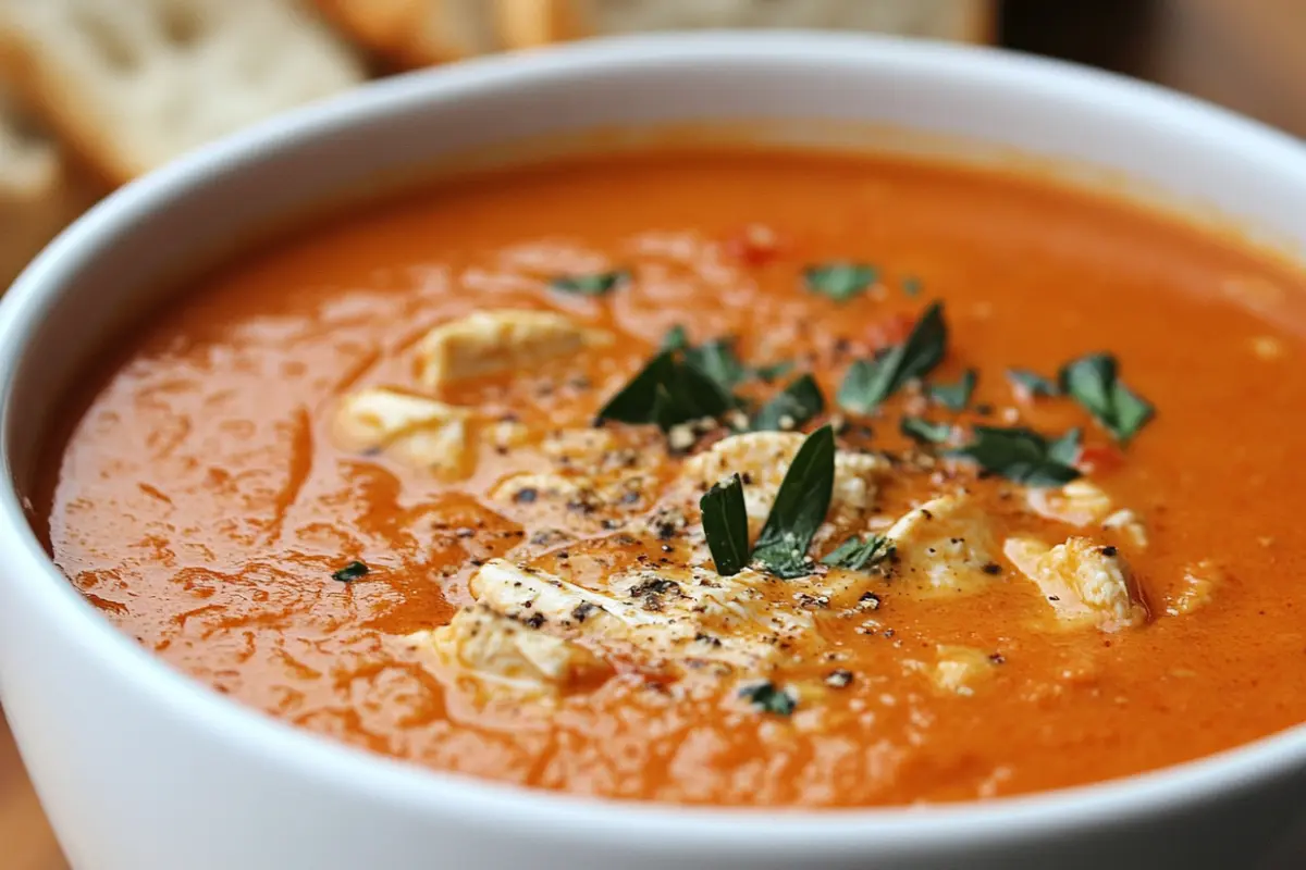 Bowl of smoky chicken tomato bisque topped with fresh herbs and black pepper.