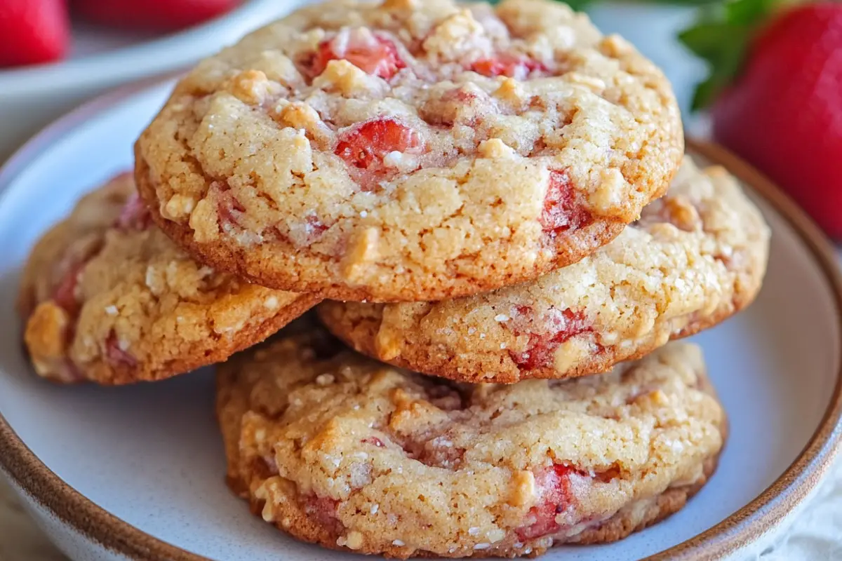 Close-up of a stack of strawberry crunch cookies with visible pieces of strawberries and a golden-brown crust.