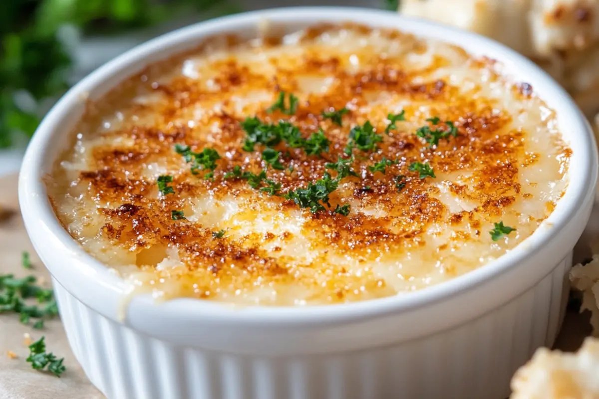 Crab Brûlée with caramelized sugar topping in a white ramekin, garnished with parsley.