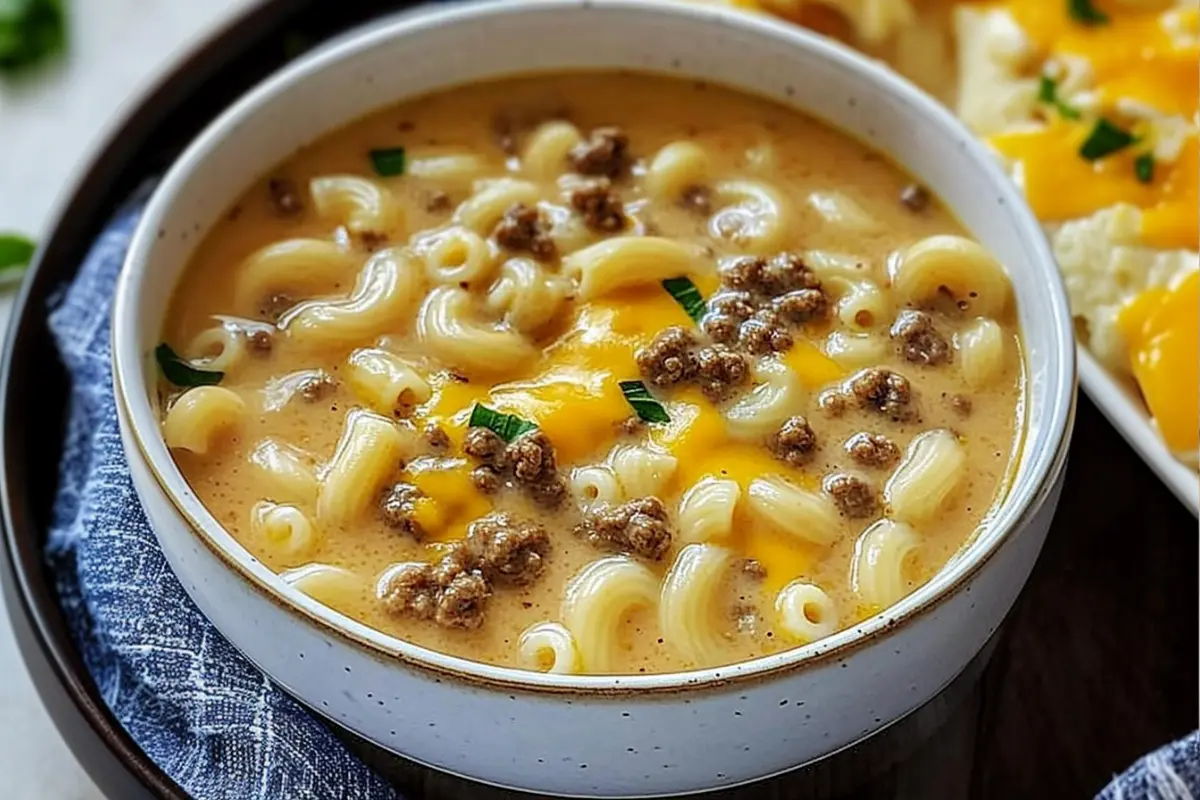 Cheesy Macaroni Cheeseburger Soup with ground beef and cheddar cheese served in a bowl, featuring creamy broth and elbow macaroni.