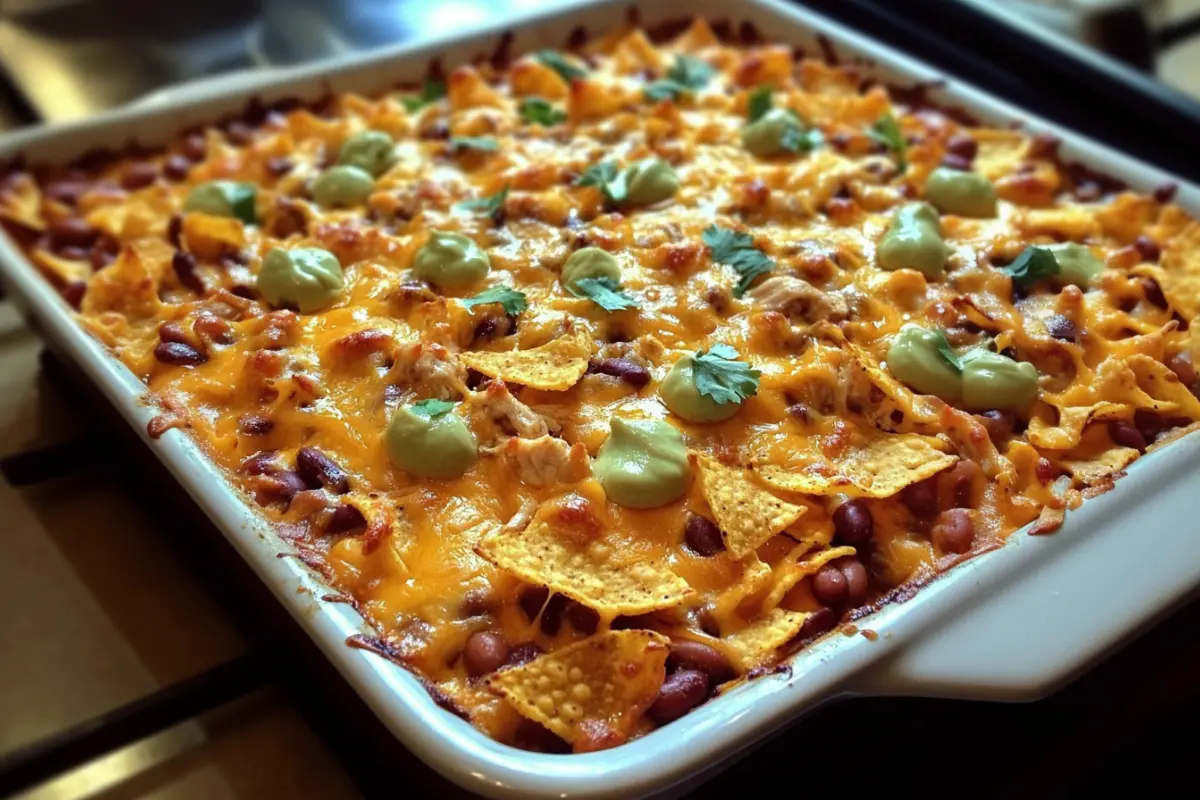 Cheesy Frito Taco Casserole with Ground Chicken topped with melted cheese, Frito chips, and guacamole.