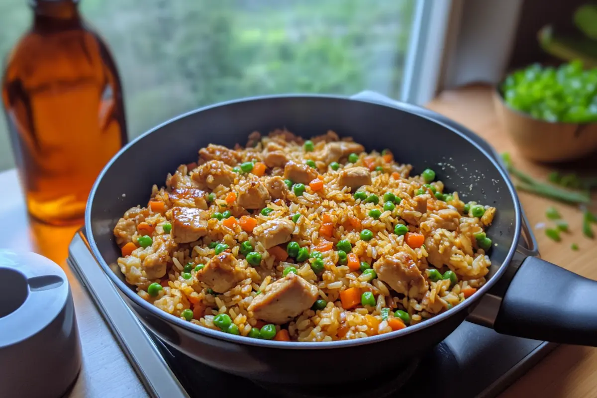 Garlic chicken fried rice with cubed chicken, peas, and carrots in a skillet.