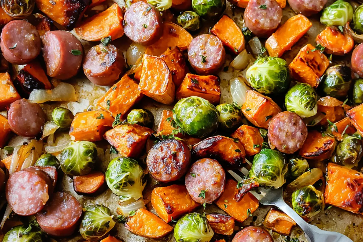 Maple-Dijon turkey sausage and fall vegetables roasted on a sheet pan, showcasing sweet potatoes, Brussels sprouts, and onions.