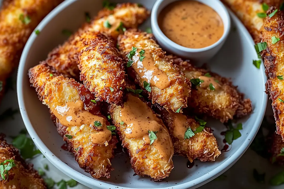 Crispy coconut chicken tenders drizzled with spicy Bang Bang sauce, served with fresh parsley garnish in a bowl.