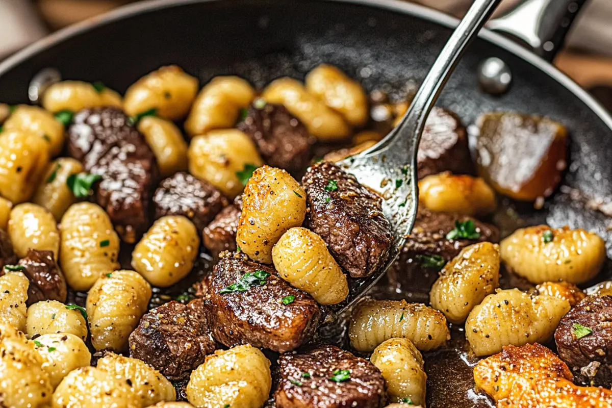 Juicy steak bites and gnocchi sautéed in a skillet with a garlic butter sauce, garnished with fresh herbs.