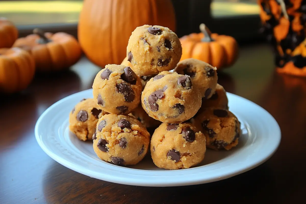 Chocolate chip cookie bites on a white plate with fall pumpkins in the background