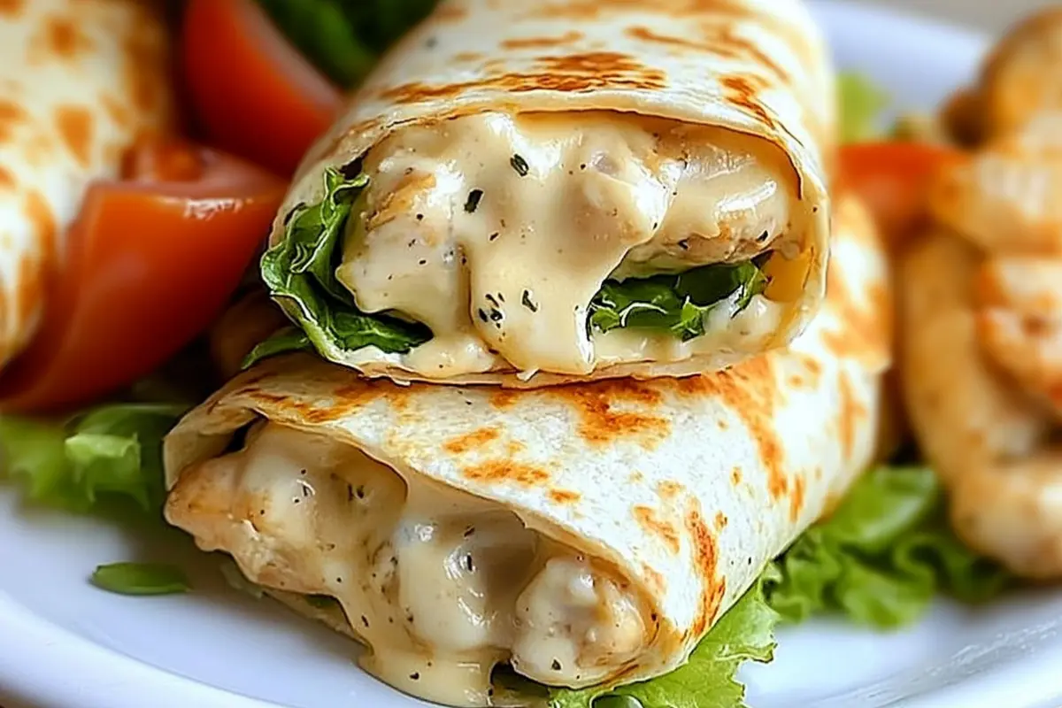 Garlic Parmesan Chicken Wrap filled with melted mozzarella and fresh lettuce, served with a side of cherry tomatoes.