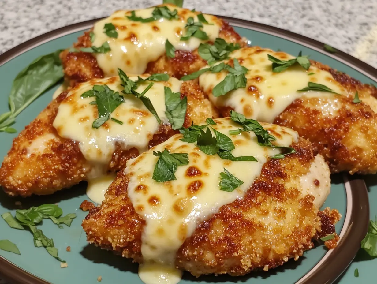 Longhorn Steakhouse Parmesan Chicken topped with melted cheese and fresh parsley on a green plate.