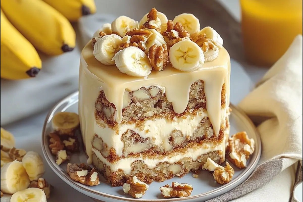 Banana Walnut Cream Cake with layers of custard, topped with fresh banana slices and walnuts, served on a plate.