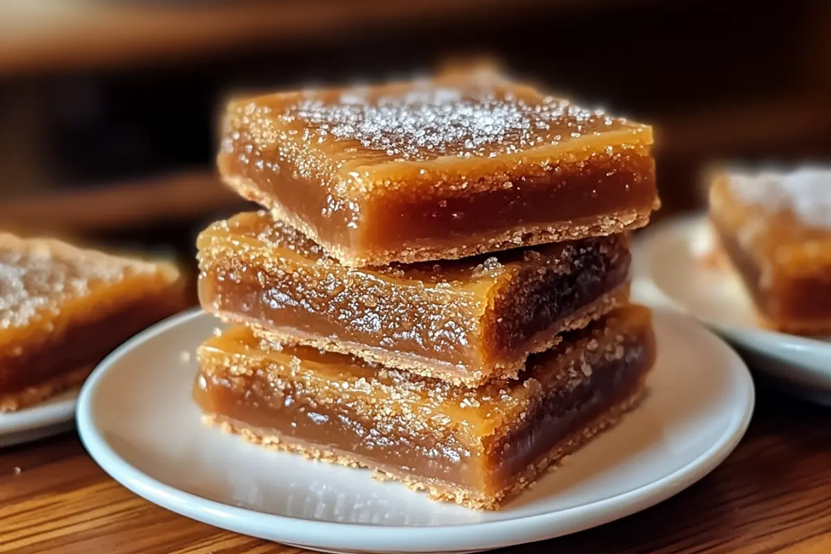 Stack of gooey Salted Caramel Butter Bars with buttery crust and sea salt topping