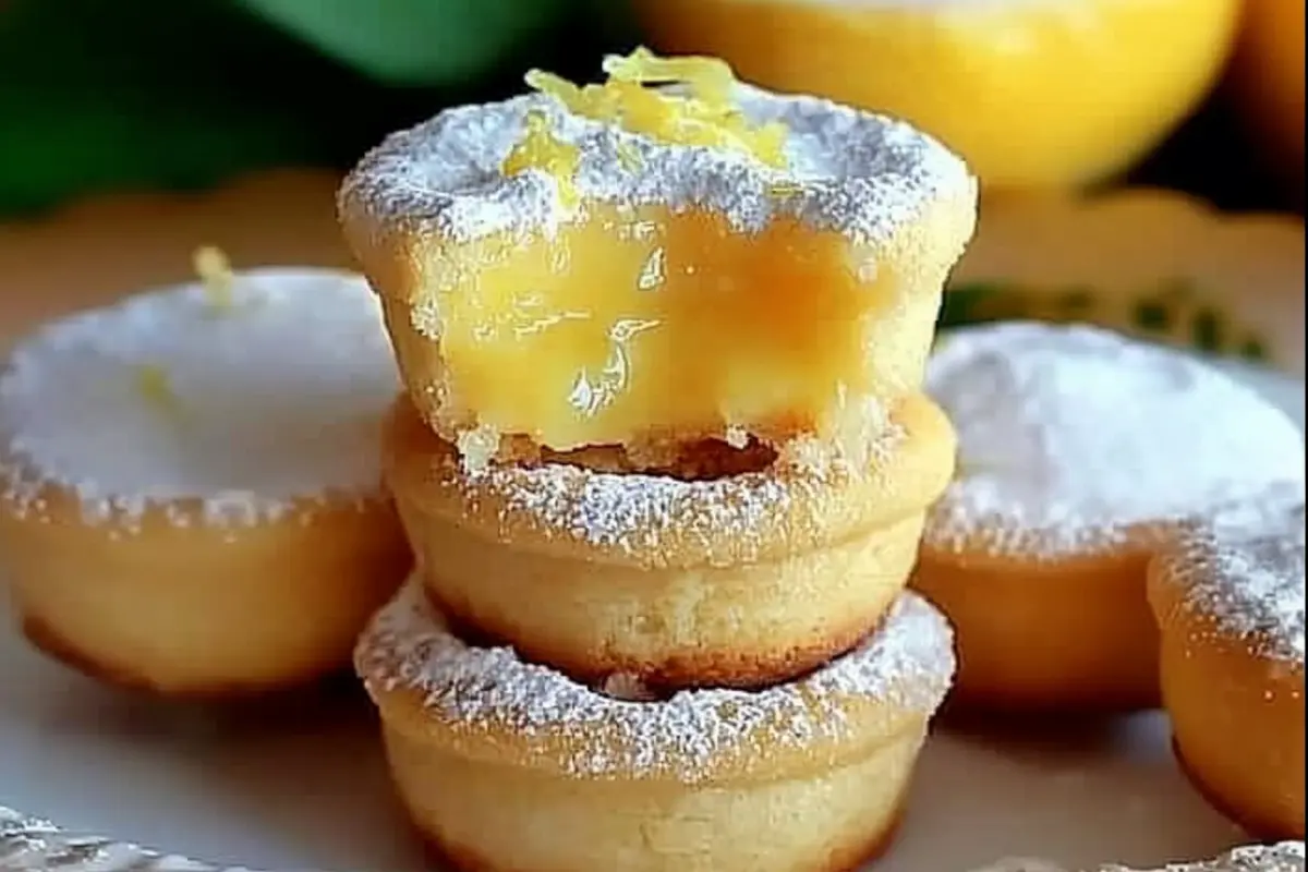 Lemon bar cookie cups with tangy lemon curd filling and powdered sugar on top.