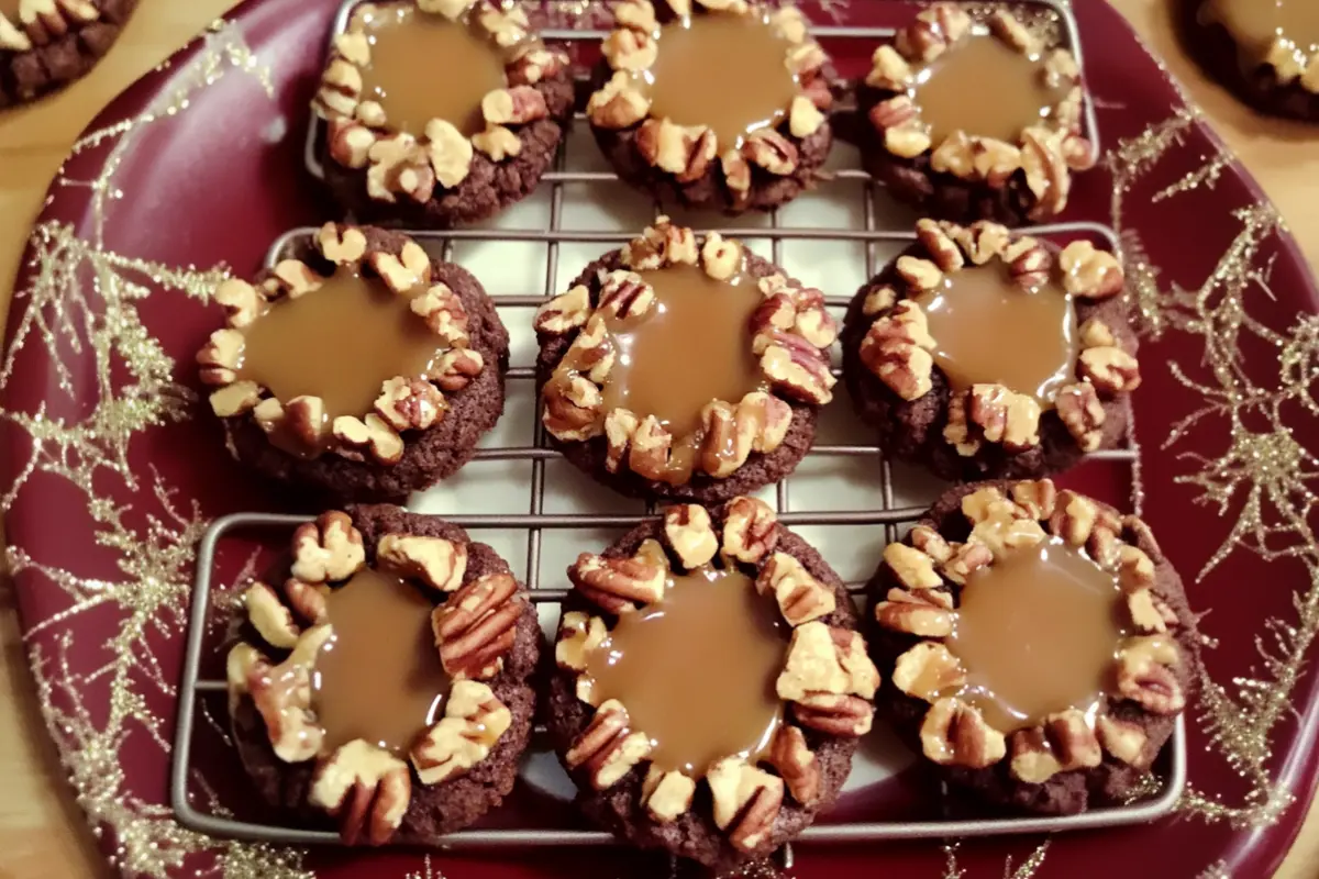 Chocolate Turtle Cookies with gooey caramel centers and pecan pieces on a decorative holiday plate