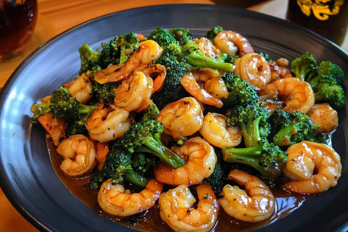 Garlic shrimp stir fry with broccoli in honey soy sauce, served on a black plate.