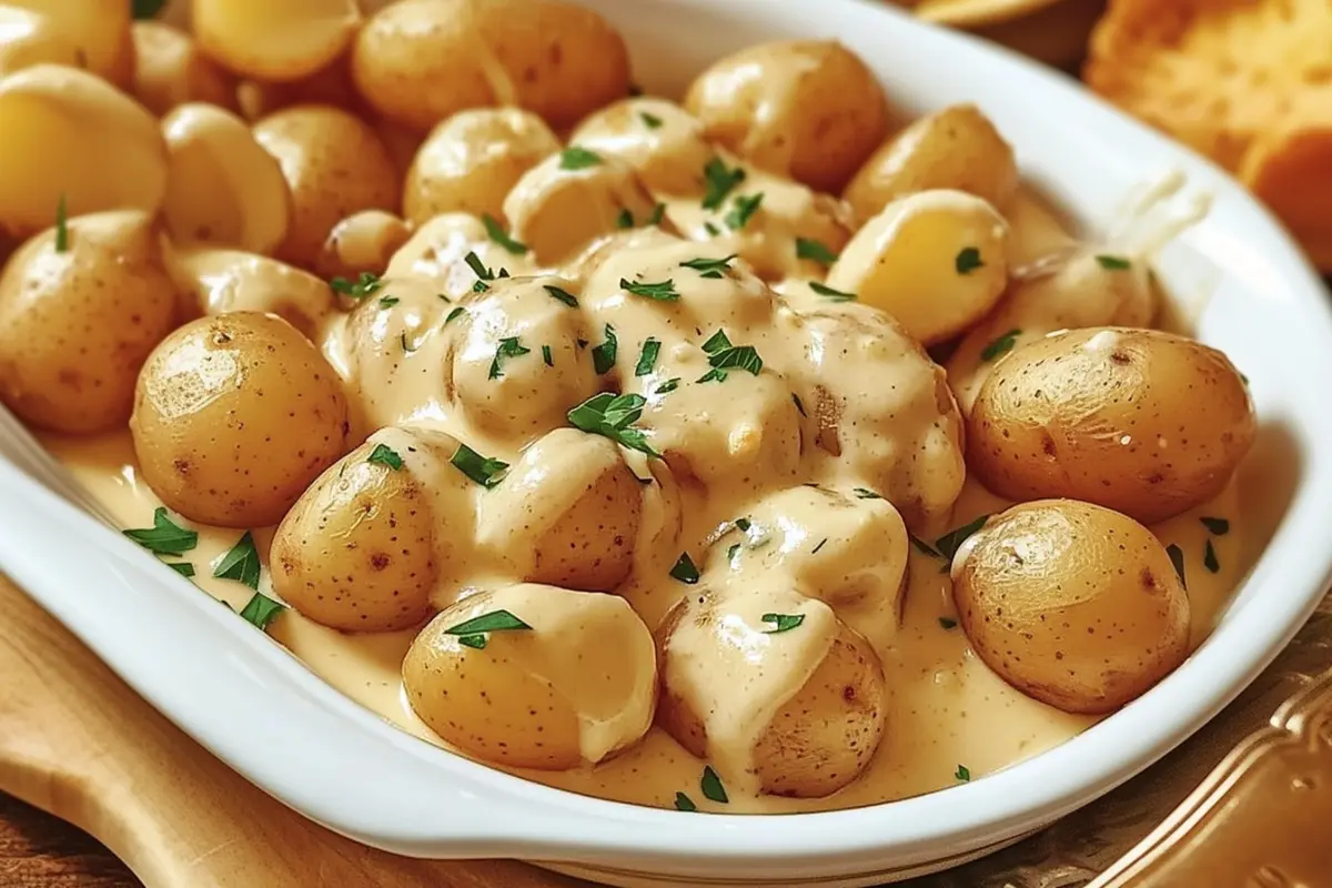 Creamy garlic Parmesan baby potatoes with fresh parsley garnish