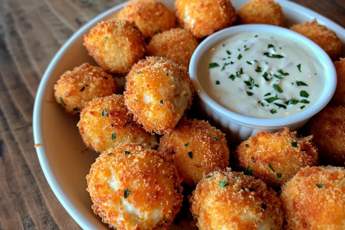 Crispy cheesy garlic zucchini bites served with ranch dipping sauce in a white bowl.