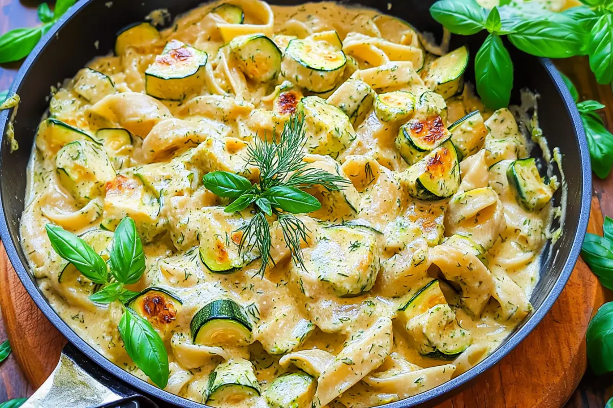 Creamy zucchini sauce pasta with roasted zucchini and fresh herbs in a skillet