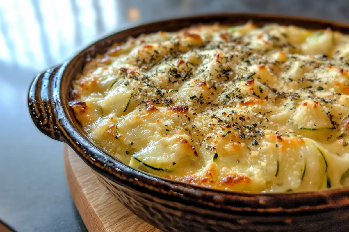 Golden baked zucchini and rice gratin with Parmesan crust in a ceramic dish.