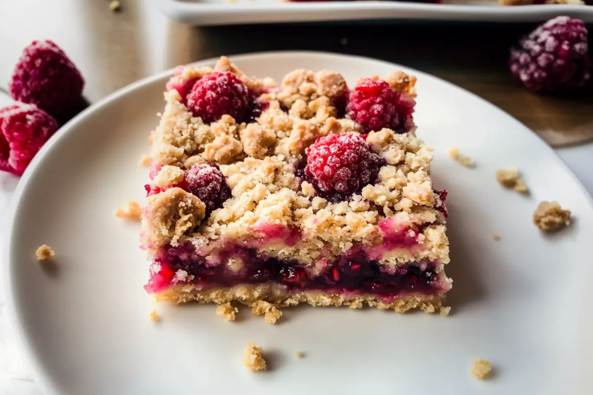 Tangy raspberry crumble bars with a golden oat topping and sweet raspberry filling.