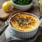 Crab Brulee with caramelized sugar topping, garnished with chives and lemon zest, on a rustic table.