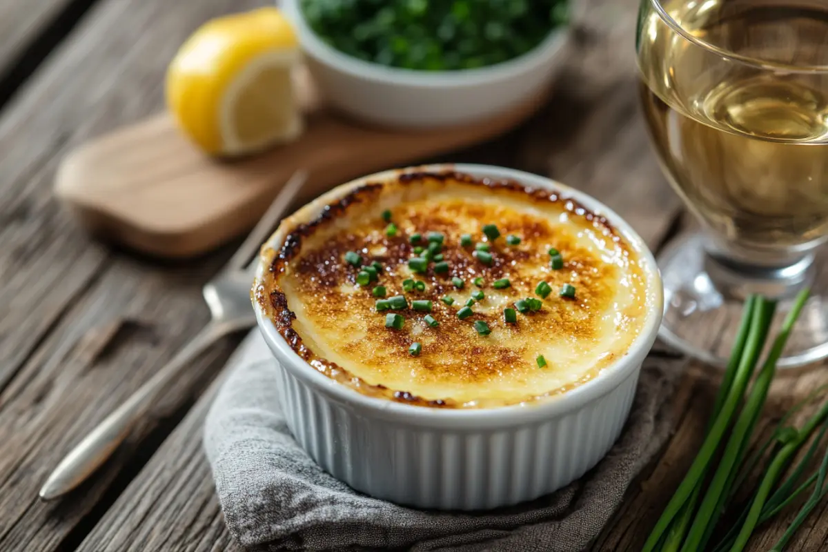 Crab Brulee with caramelized sugar topping, garnished with chives and lemon zest, on a rustic table.