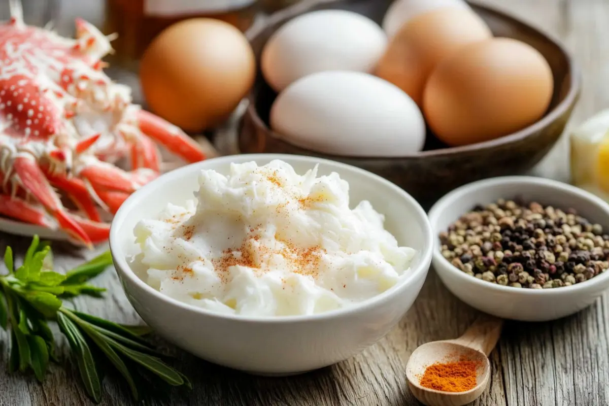 Fresh crab meat, cream, eggs, and spices laid out on a wooden countertop for Crab Brulee.