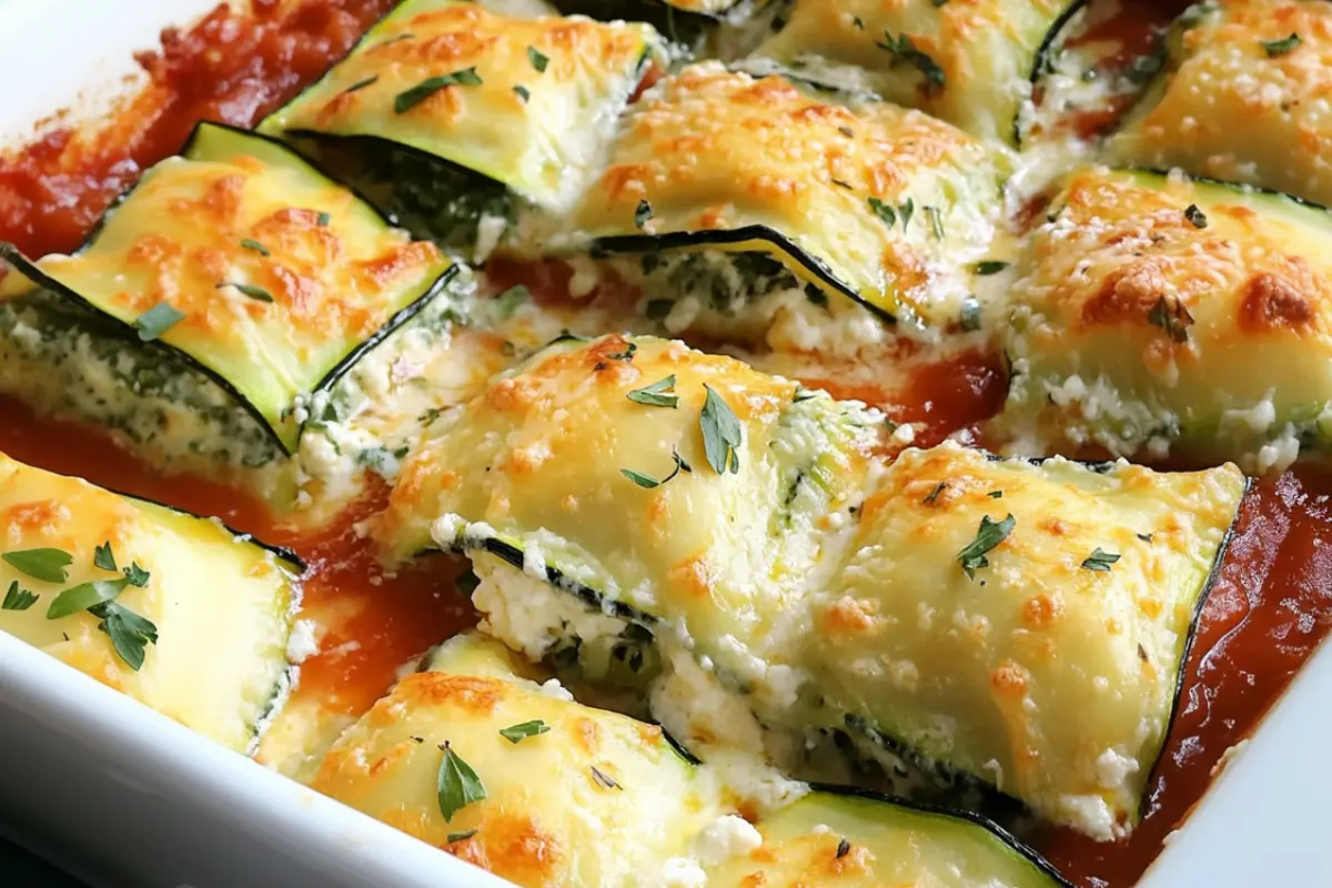 Ricotta Spinach Zucchini Ravioli baked with cheese and marinara sauce, topped with fresh herbs