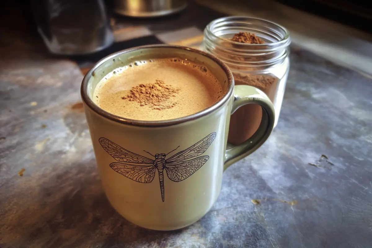 Vegan Spiced Hot Cocoa with almond milk and spices in a cozy mug, topped with cinnamon.